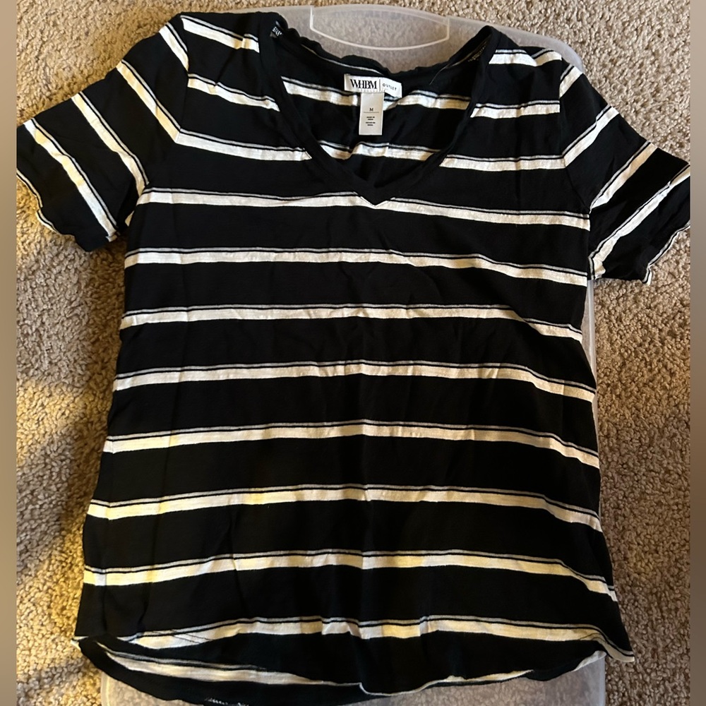 WHBM Black and White Striped V-Neck T-Shirt